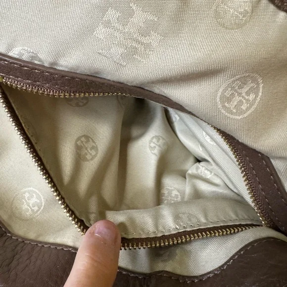 Tory Burch Brown Pebbled Leather Logo Tote Shoulder Bag